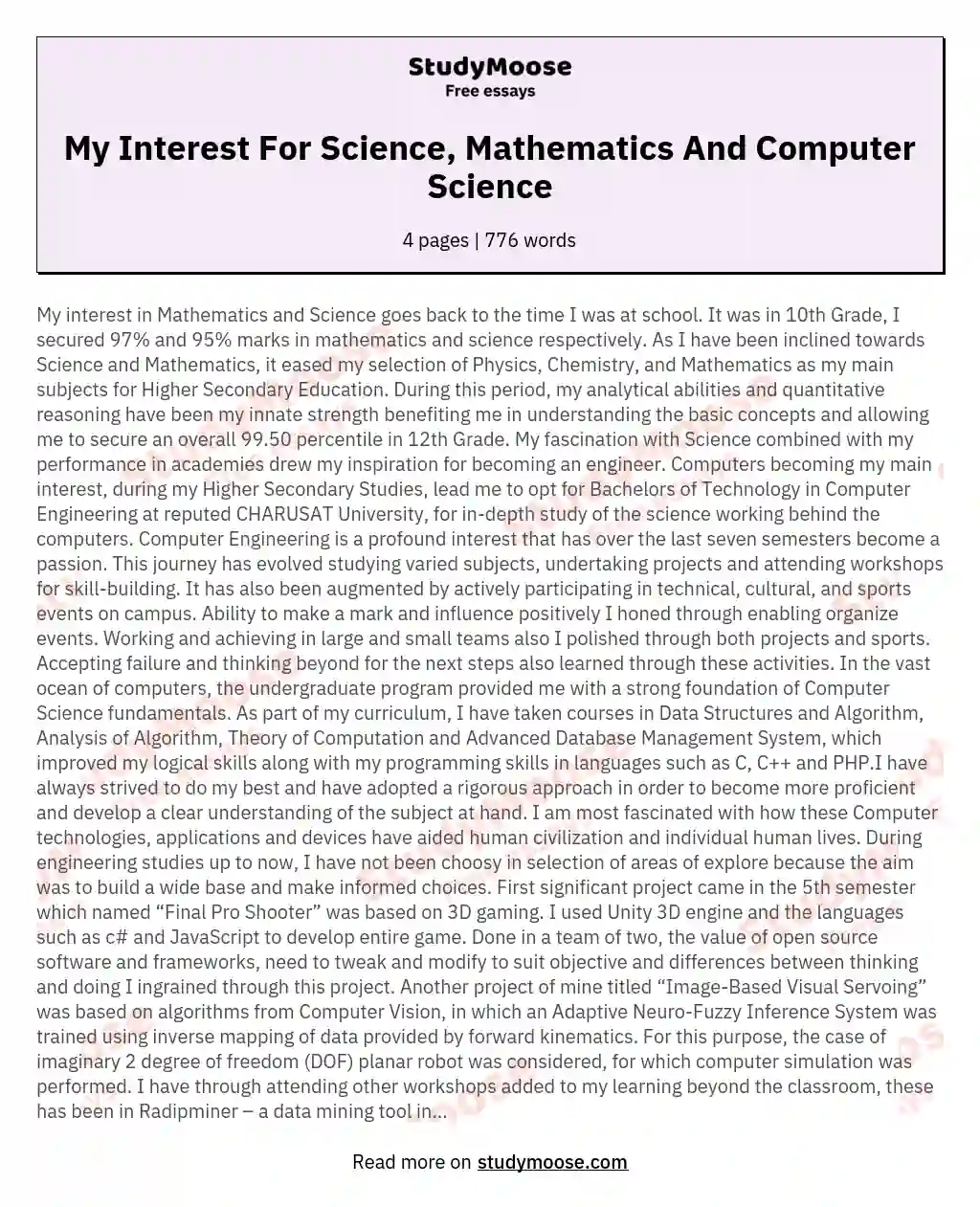 My Interest For Science, Mathematics And Computer Science