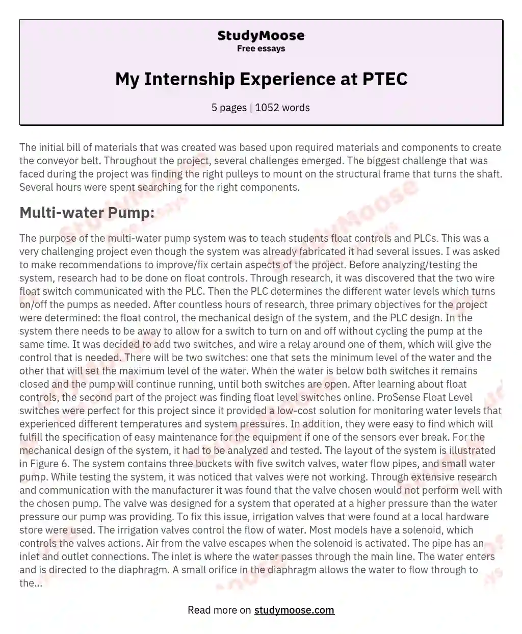 My Internship Experience at PTEC essay