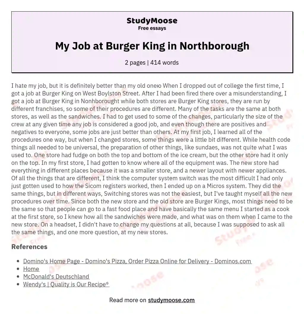 My Job at Burger King in Northborough essay