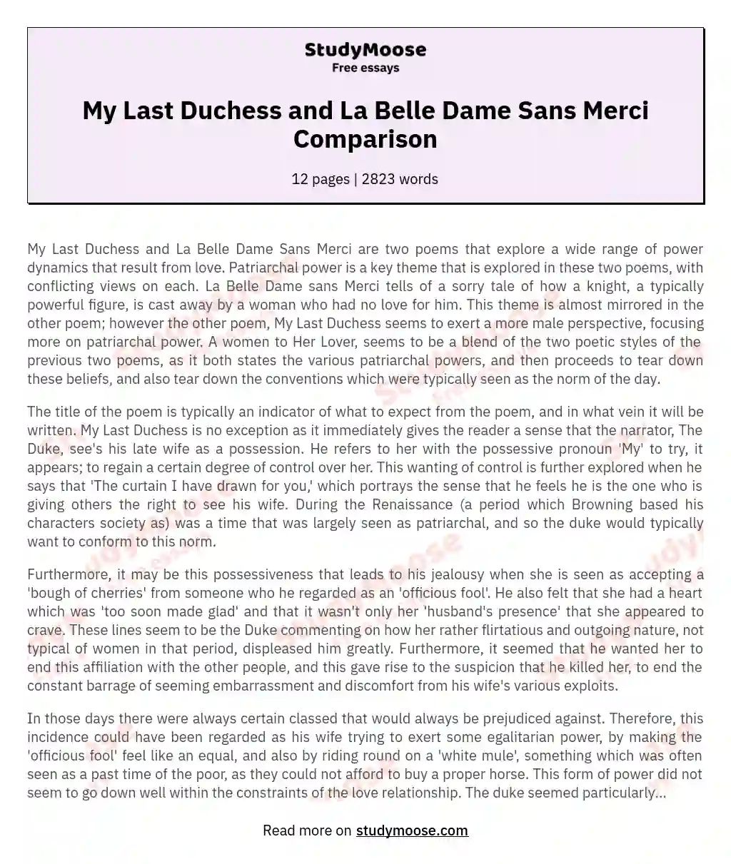 My Last Duchess and La Belle Dame Sans Merci Comparison essay