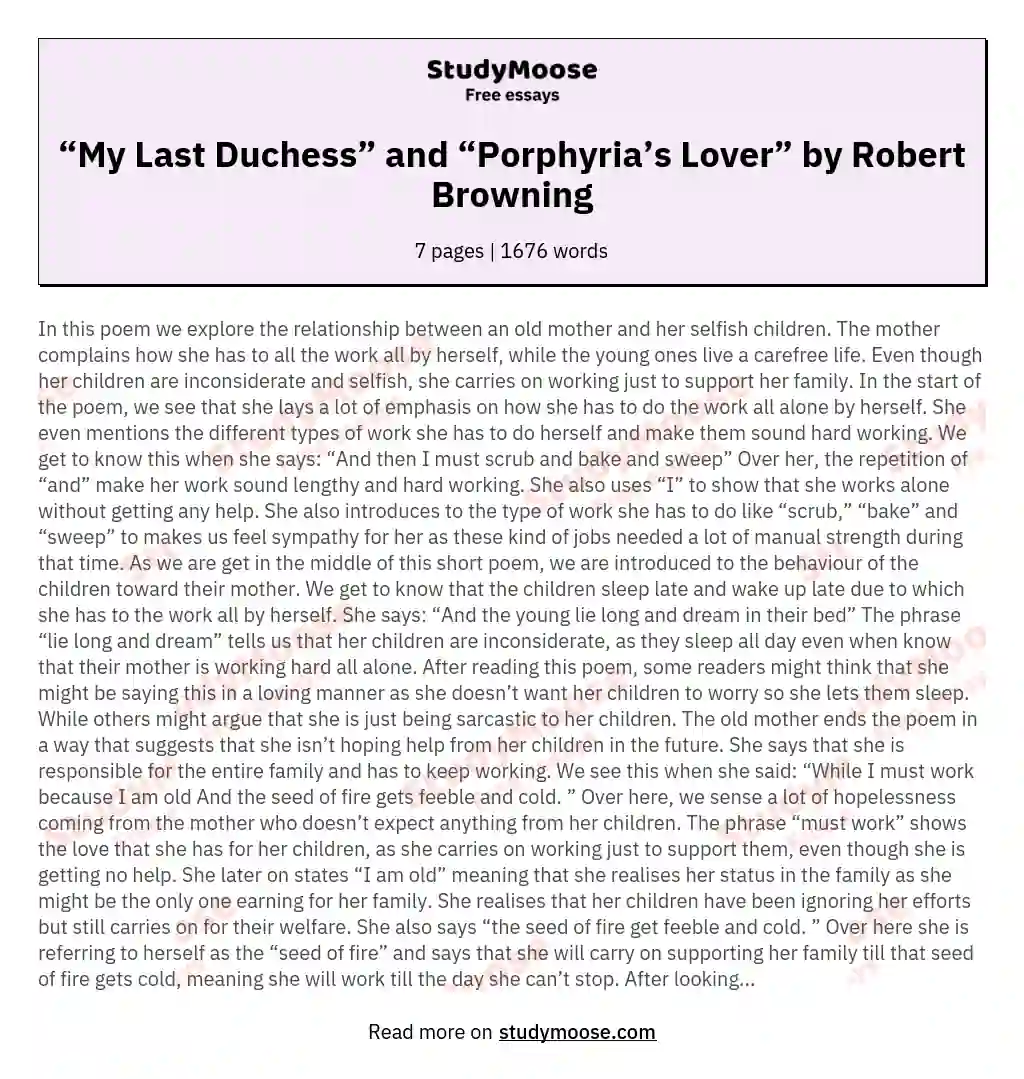 “My Last Duchess” and “Porphyria’s Lover” by Robert Browning essay
