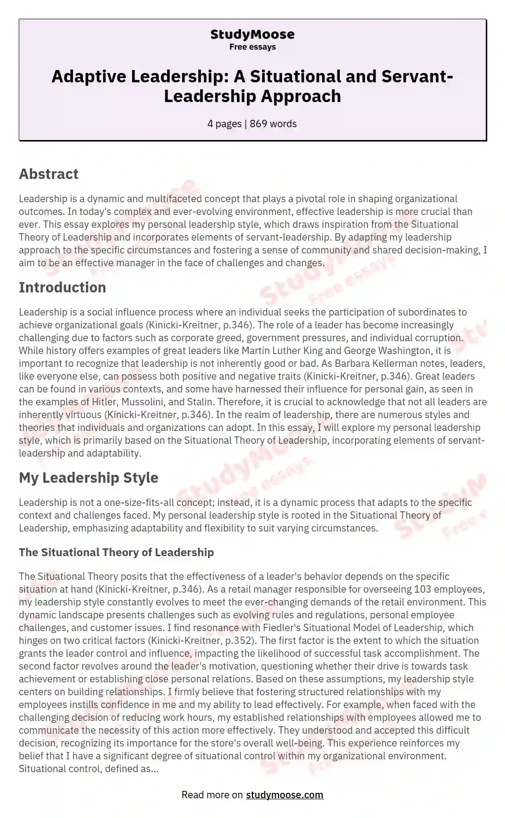 Adaptive Leadership: A Situational and Servant-Leadership Approach essay