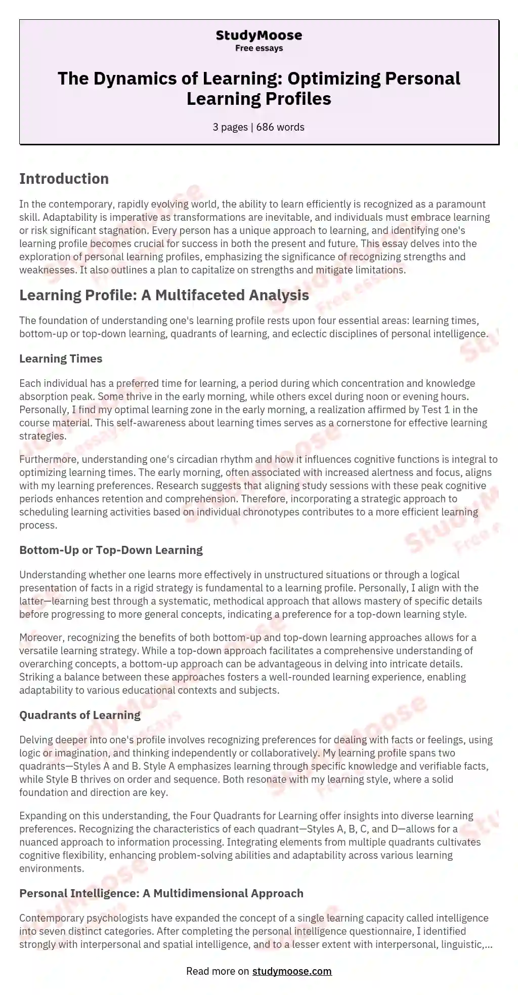 The Dynamics of Learning: Optimizing Personal Learning Profiles essay