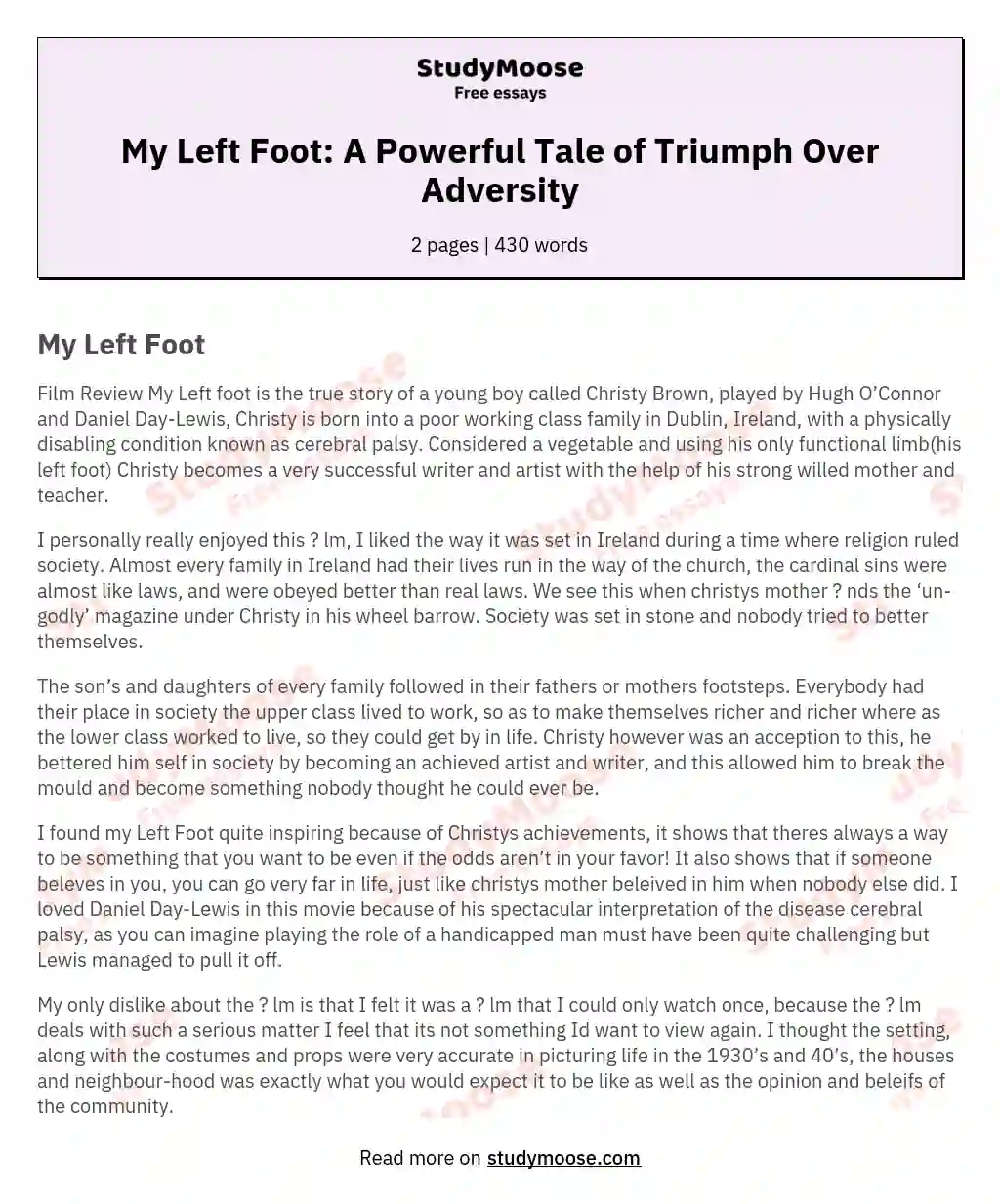 My Left Foot: A Powerful Tale of Triumph Over Adversity essay