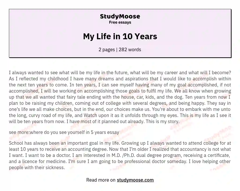 My Life in 10 Years essay