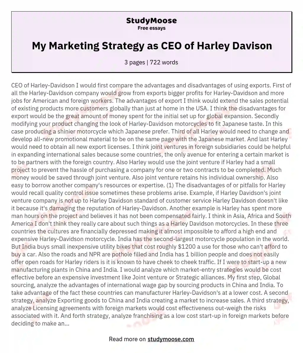 My Marketing Strategy as CEO of Harley Davison essay