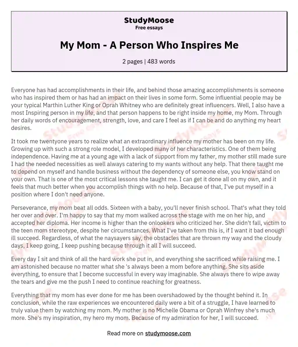 My Mom - A Person Who Inspires Me essay