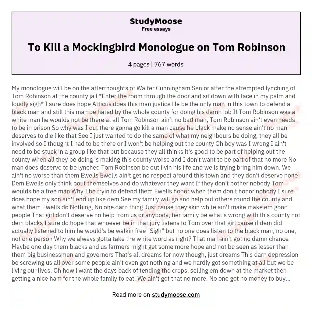 To Kill a Mockingbird Monologue on Tom Robinson
