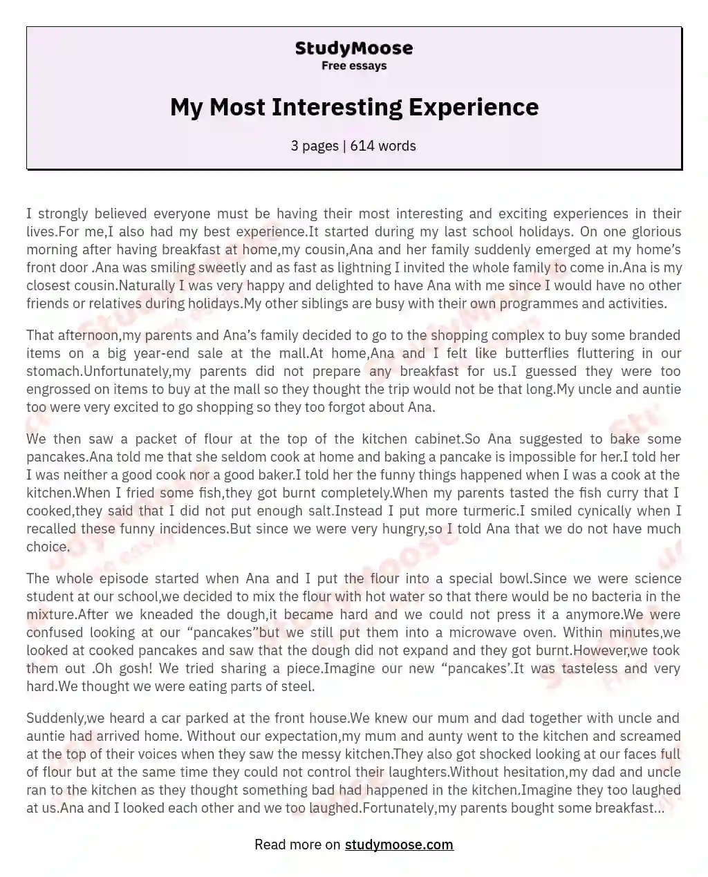 My Most Interesting Experience essay