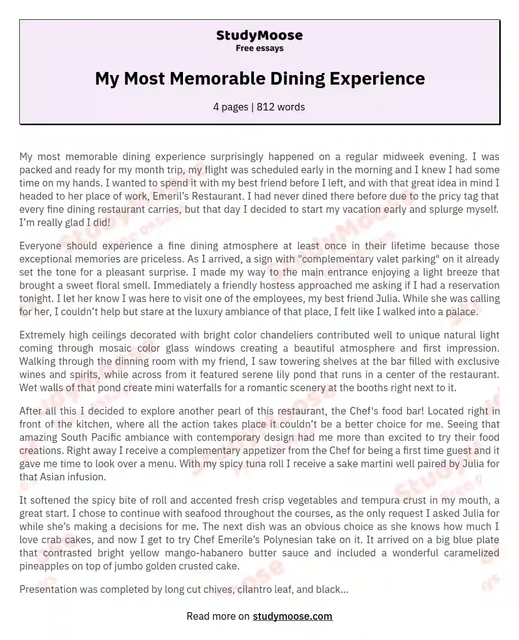 My Most Memorable Dining Experience essay