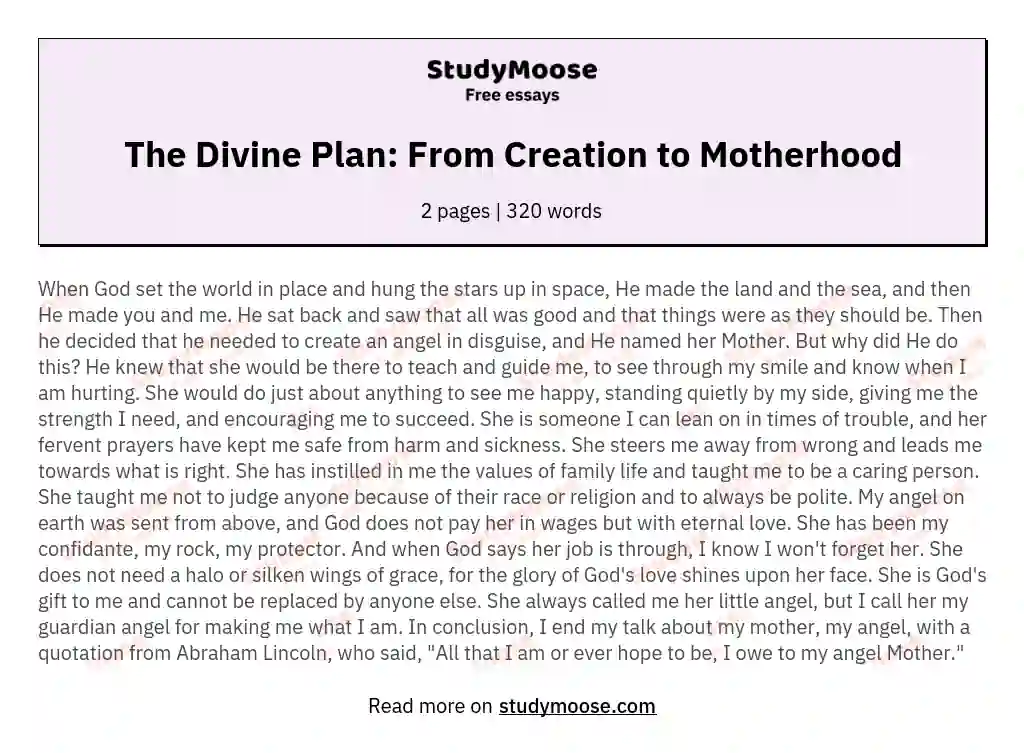 The Divine Plan: From Creation to Motherhood essay