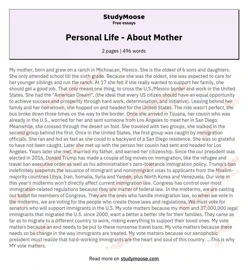 Personal Life - About Mother essay