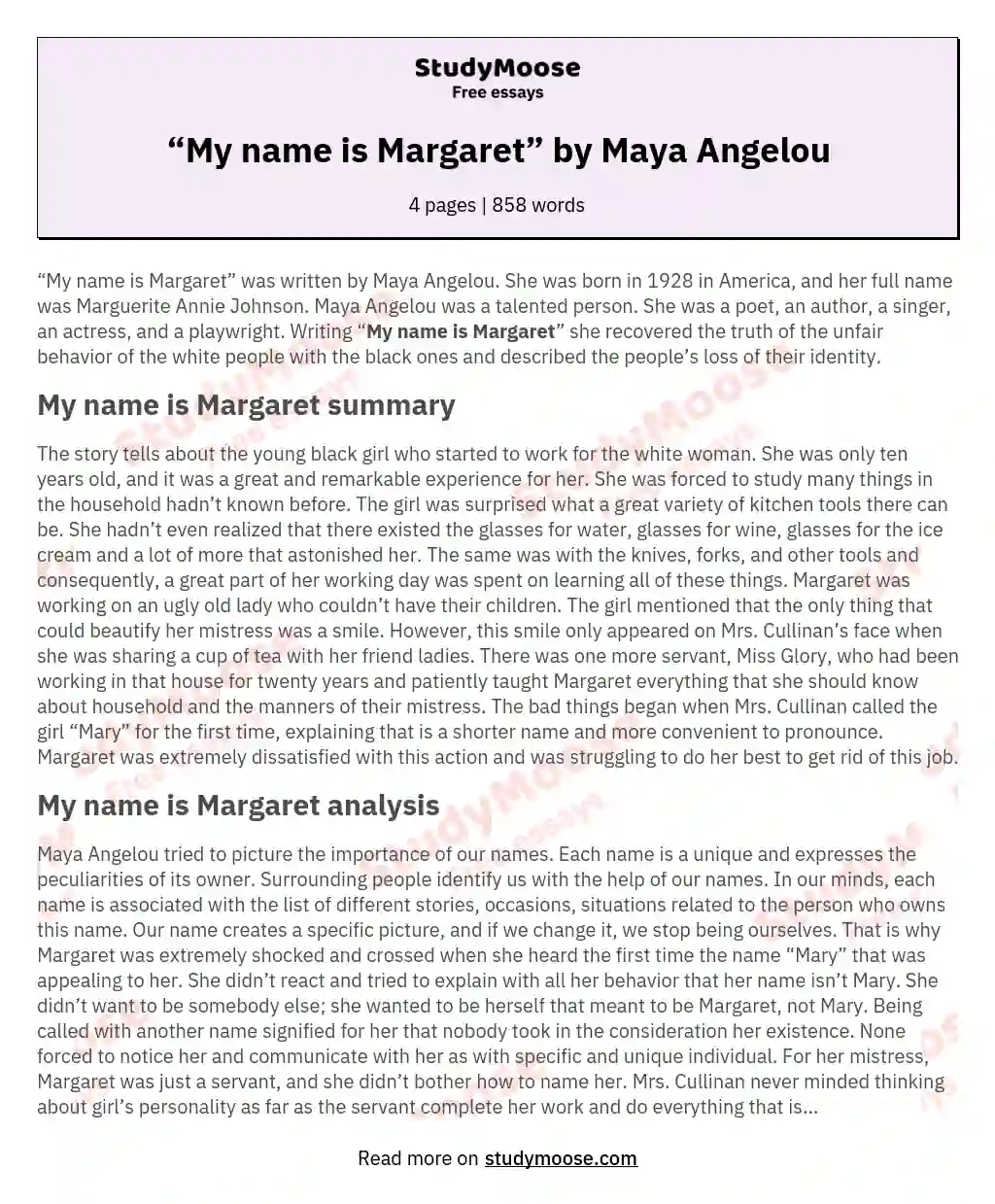 “My name is Margaret” by Maya Angelou