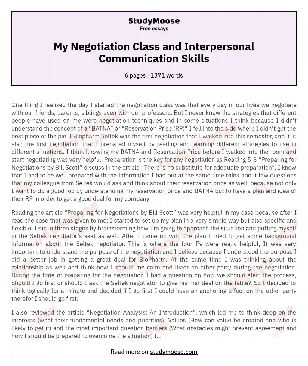 My Negotiation Class and Interpersonal Communication Skills essay