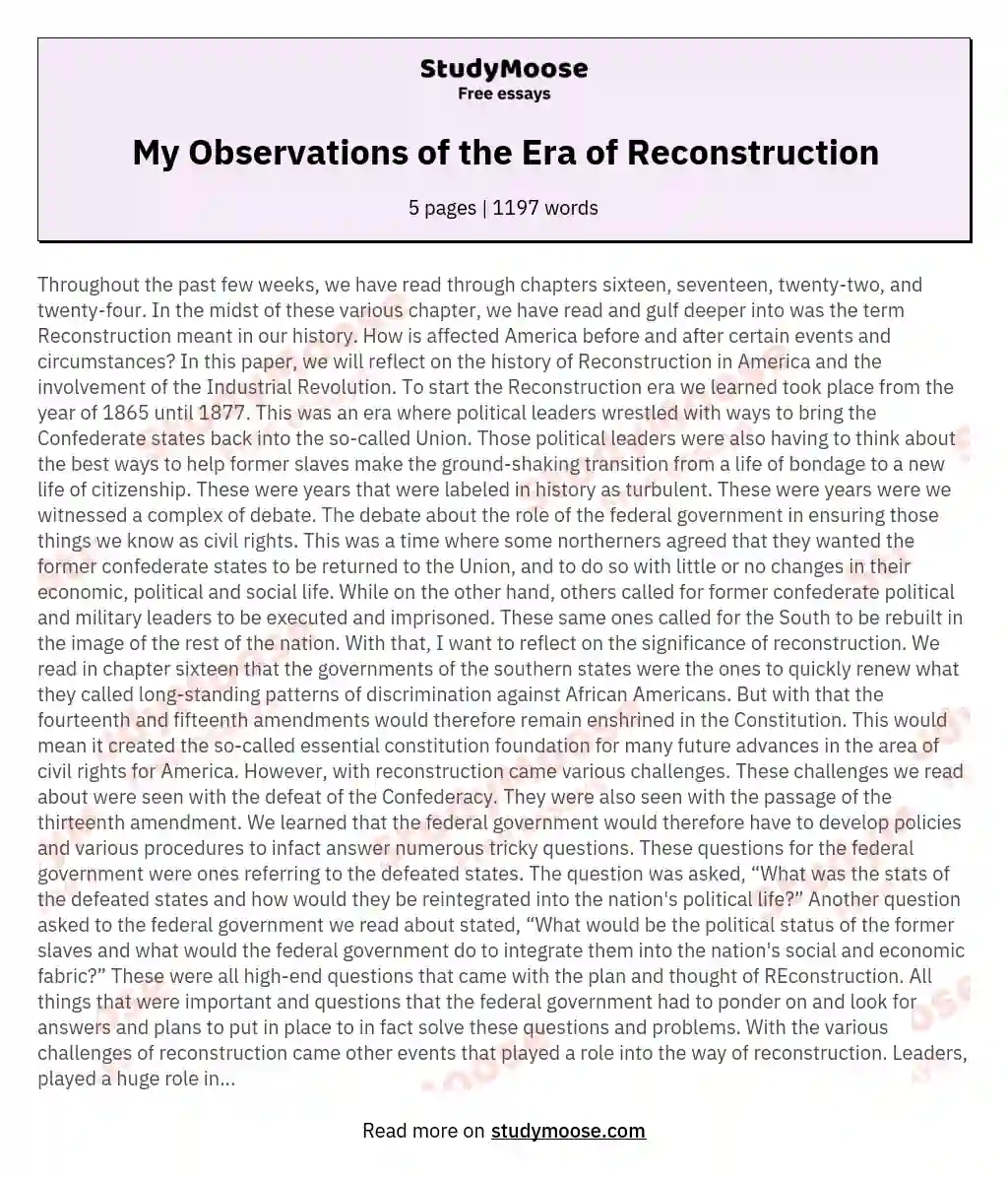 My Observations of the Era of Reconstruction essay