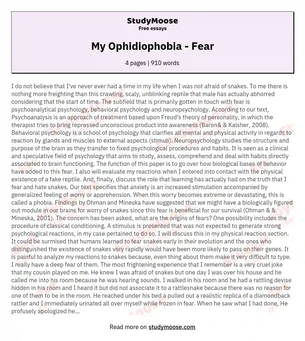 My Ophidiophobia - Fear essay