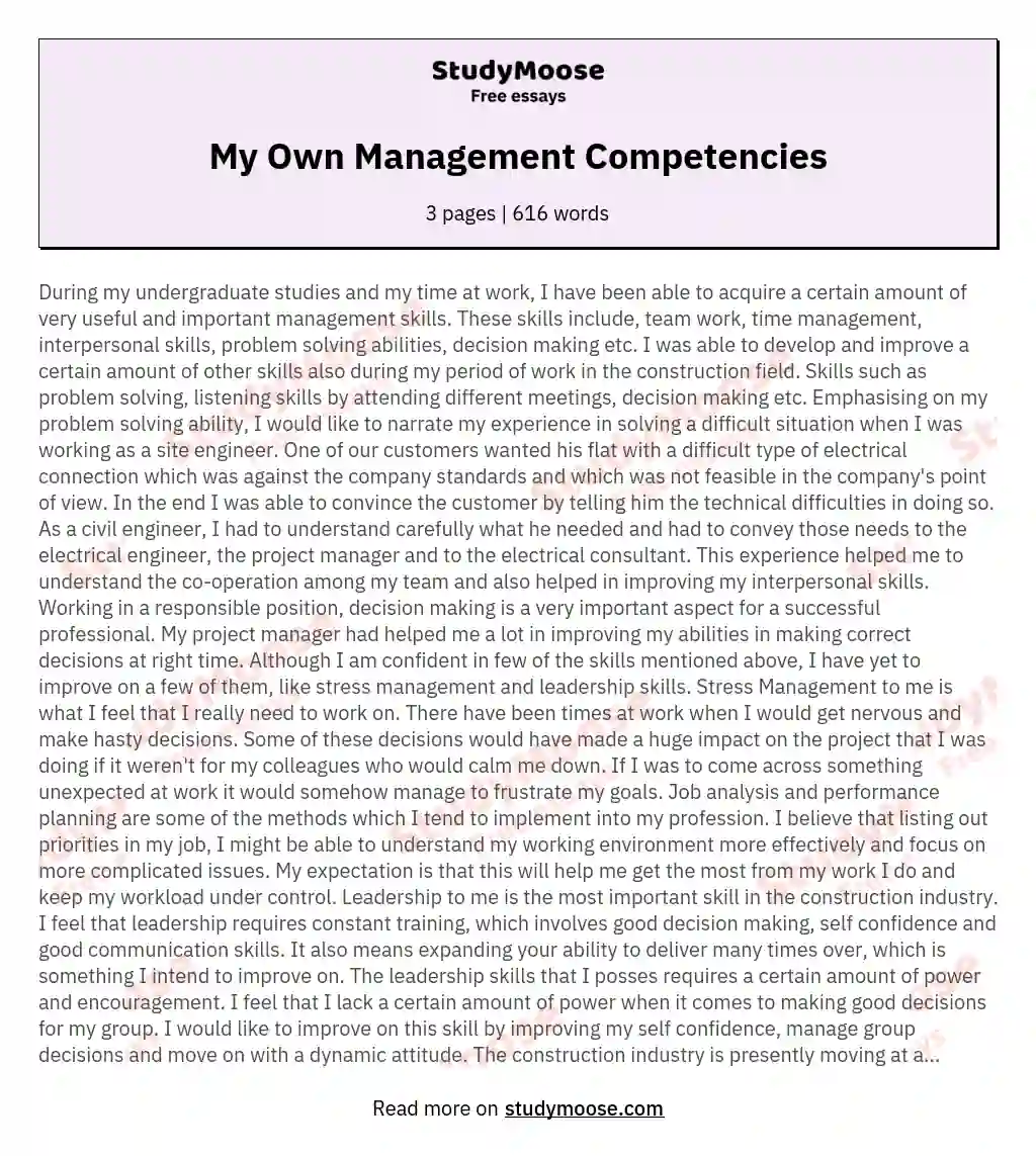 My Own Management Competencies essay