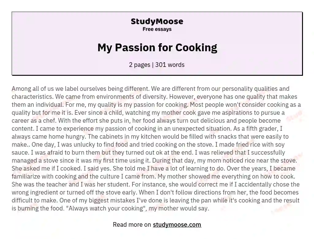 My Passion for Cooking essay