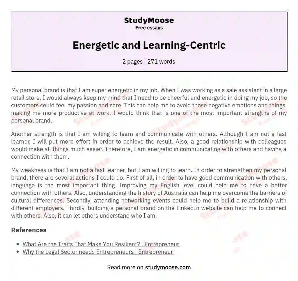 Energetic and Learning-Centric essay