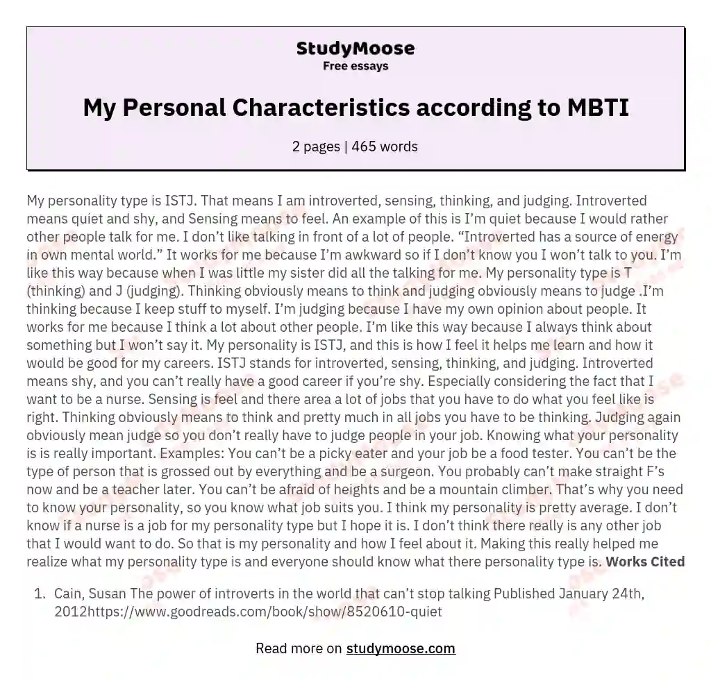 My Personal Characteristics according to MBTI essay