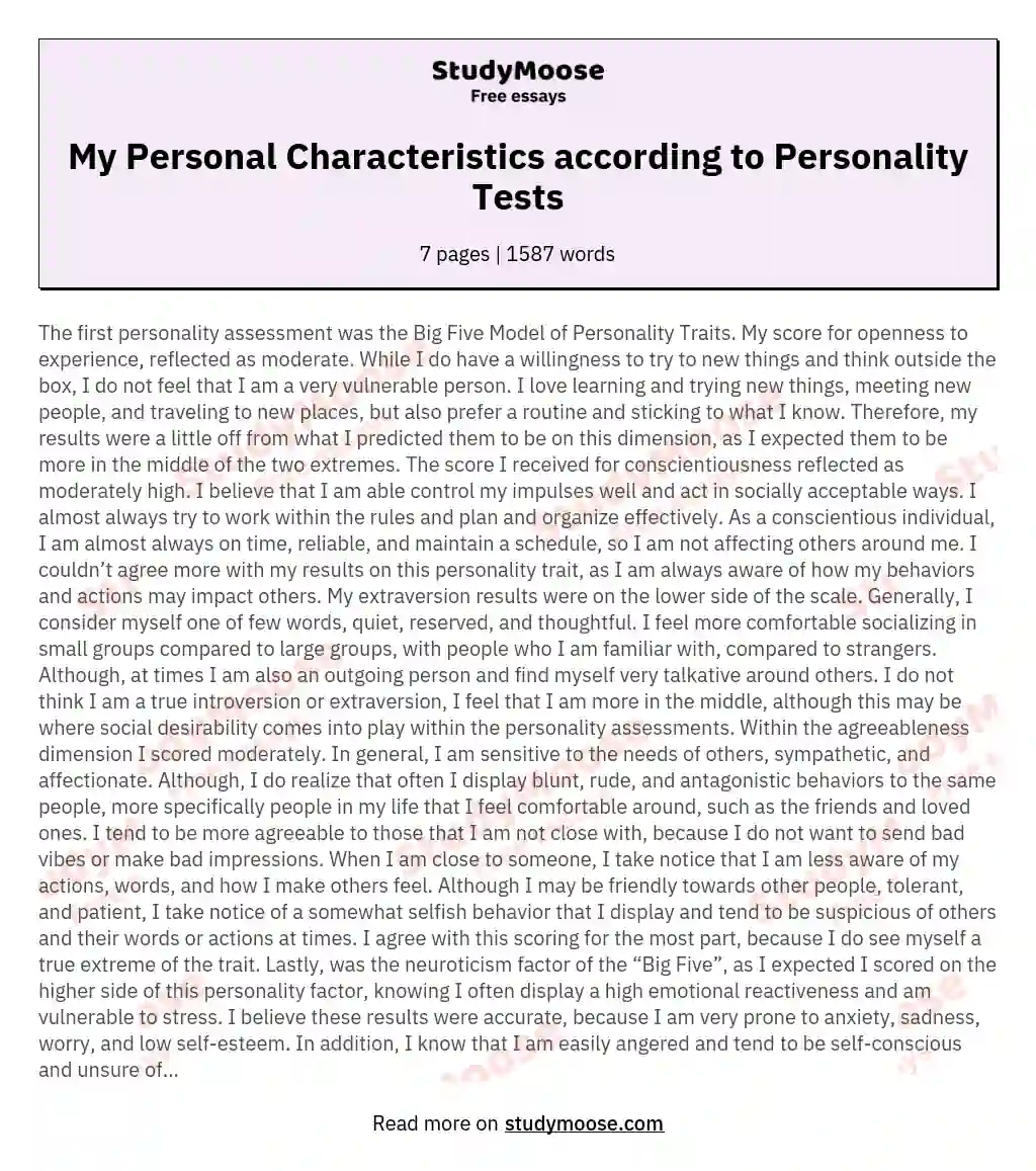 My Personal Characteristics according to Personality Tests essay