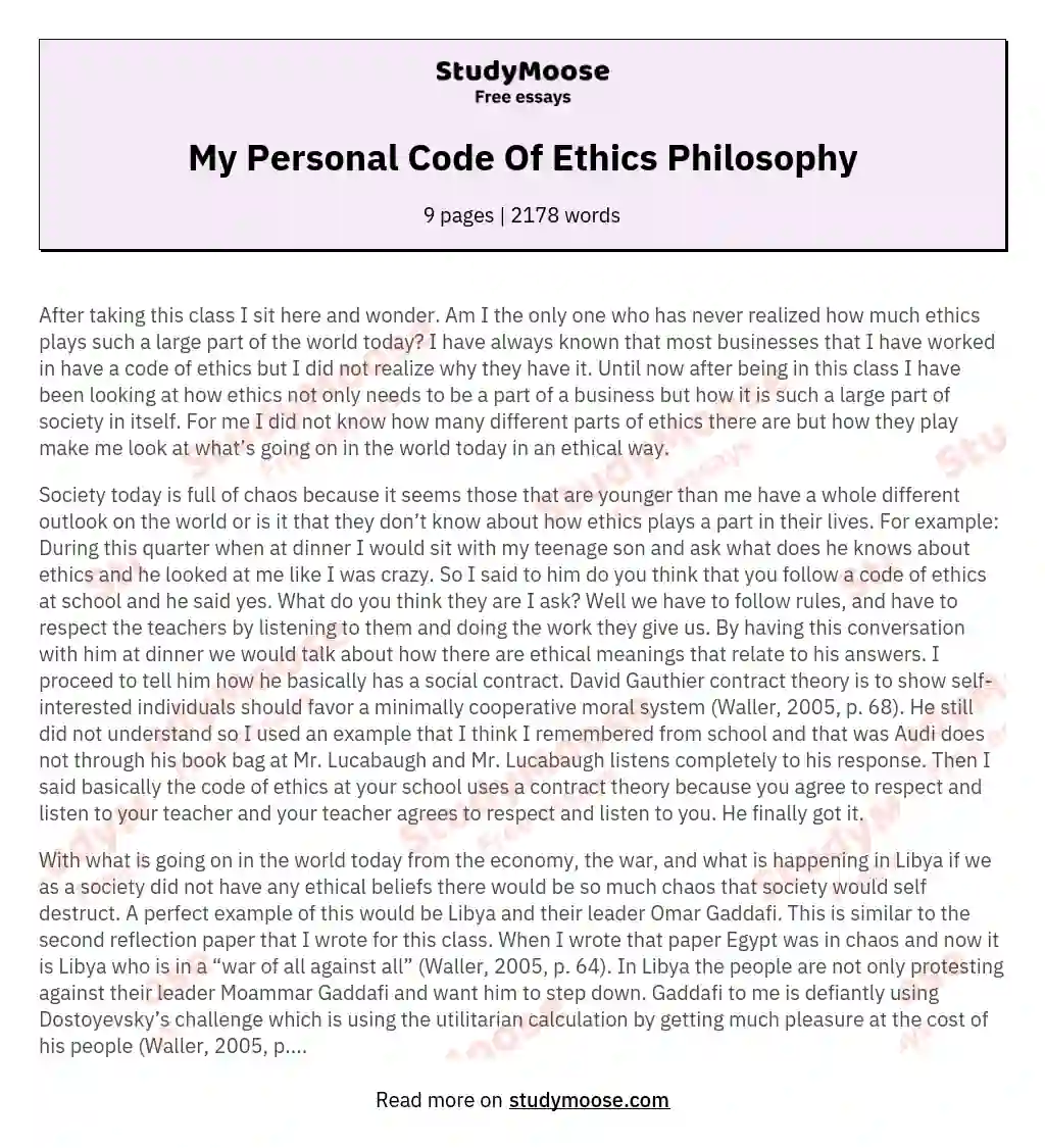 My Personal Code Of Ethics Philosophy