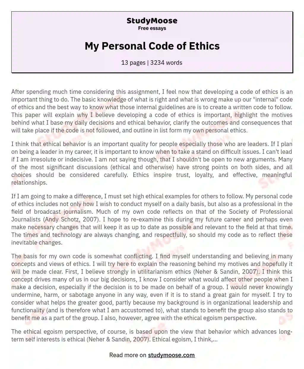 My Personal Code of Ethics