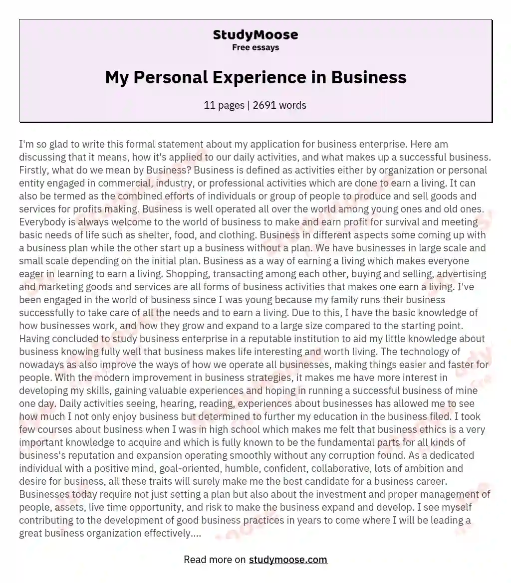 My Personal Experience in Business