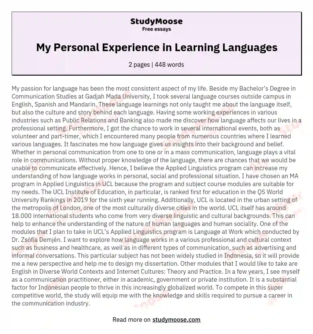 My Personal Experience in Learning Languages essay
