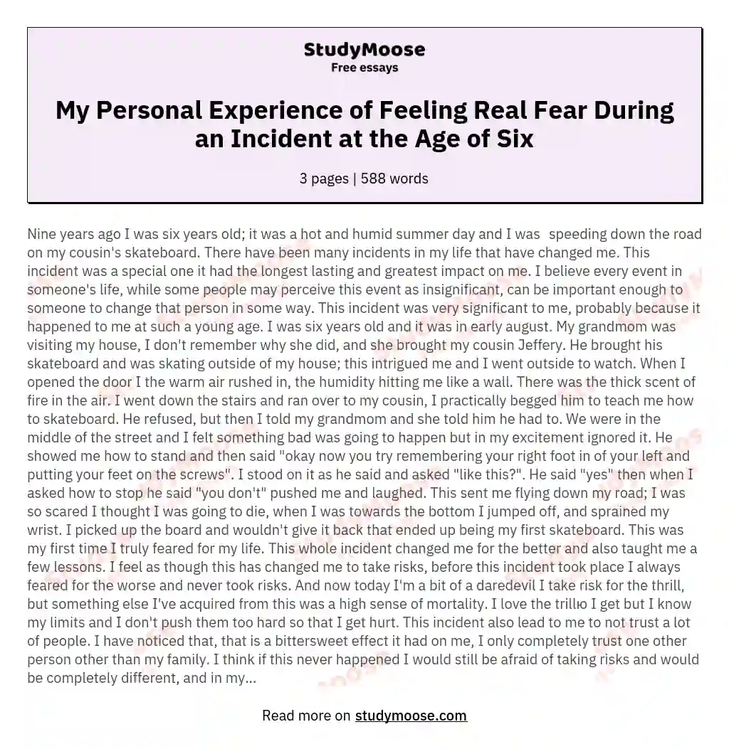 My Personal Experience of Feeling Real Fear During an Incident at the Age of Six essay