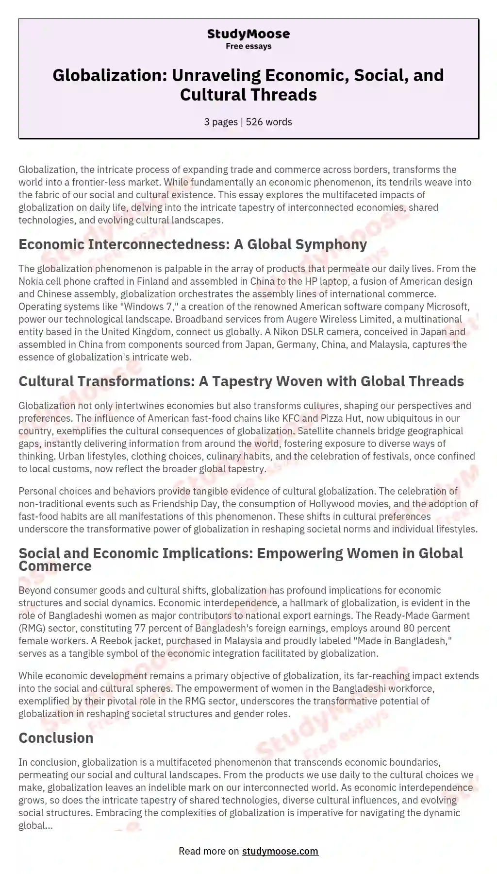 Globalization: Unraveling Economic, Social, and Cultural Threads essay