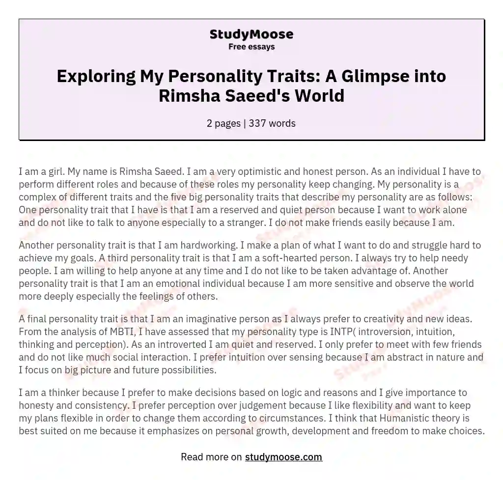 Exploring My Personality Traits: A Glimpse into Rimsha Saeed's World essay