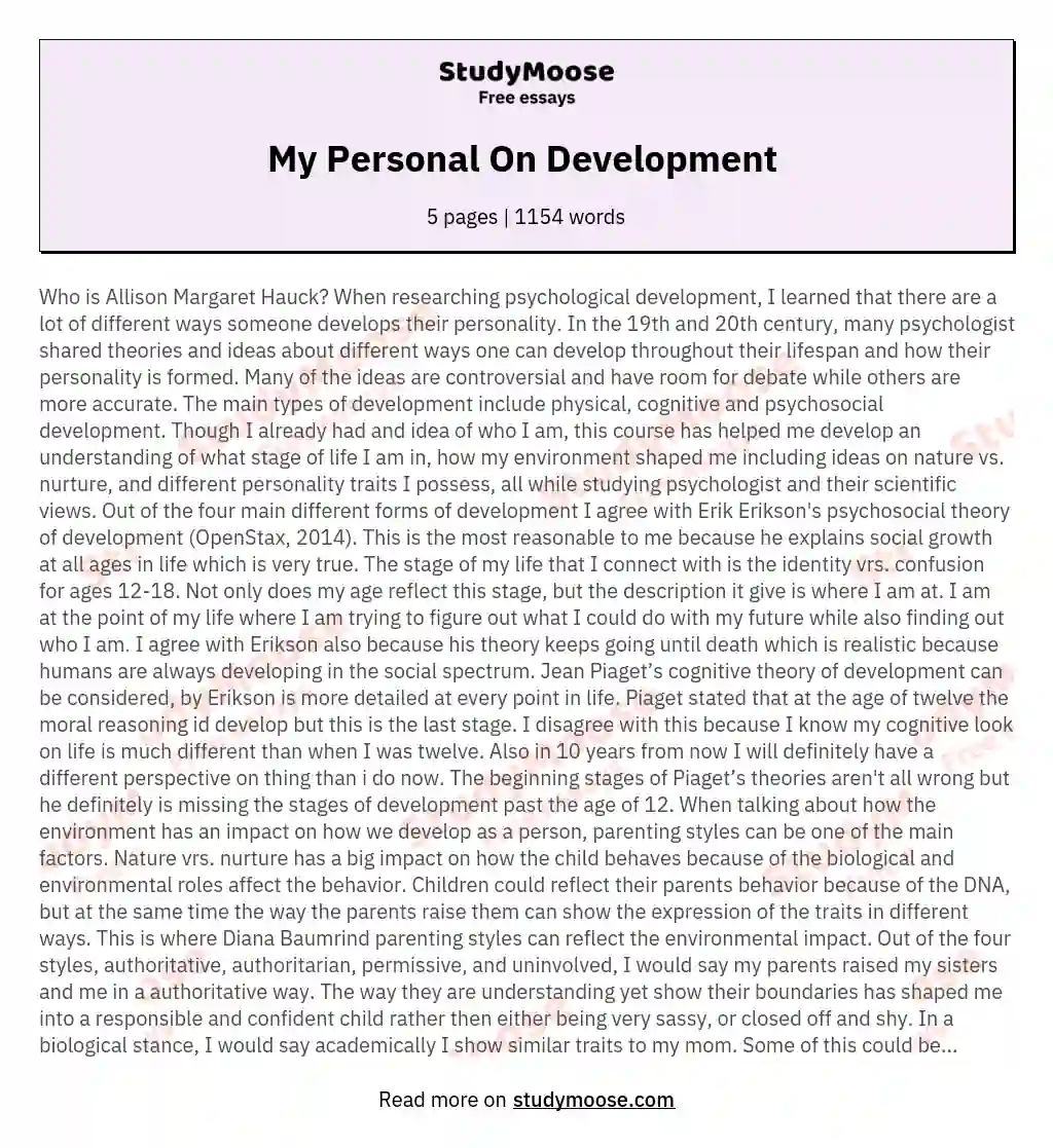 My Personal On Development  essay