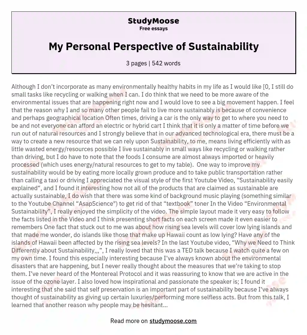 My Personal Perspective of Sustainability essay