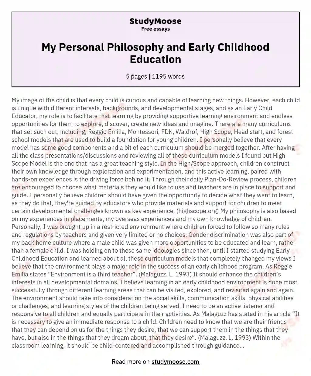 My Personal Philosophy and Early Childhood Education