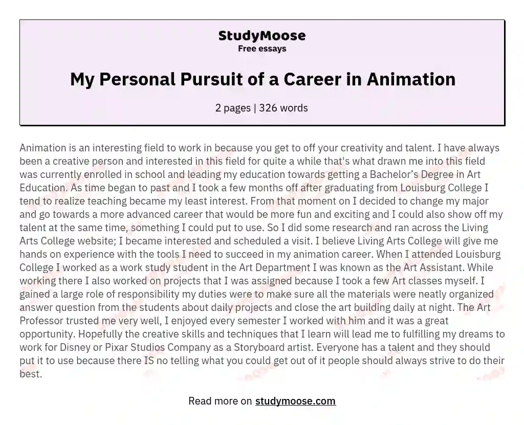 My Personal Pursuit of a Career in Animation essay