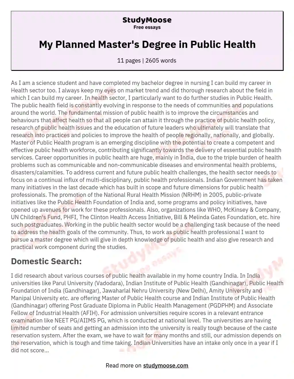 My Planned Master's Degree in Public Health essay