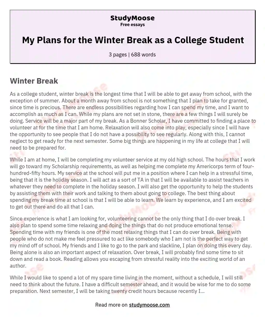 My Plans for the Winter Break as a College Student essay