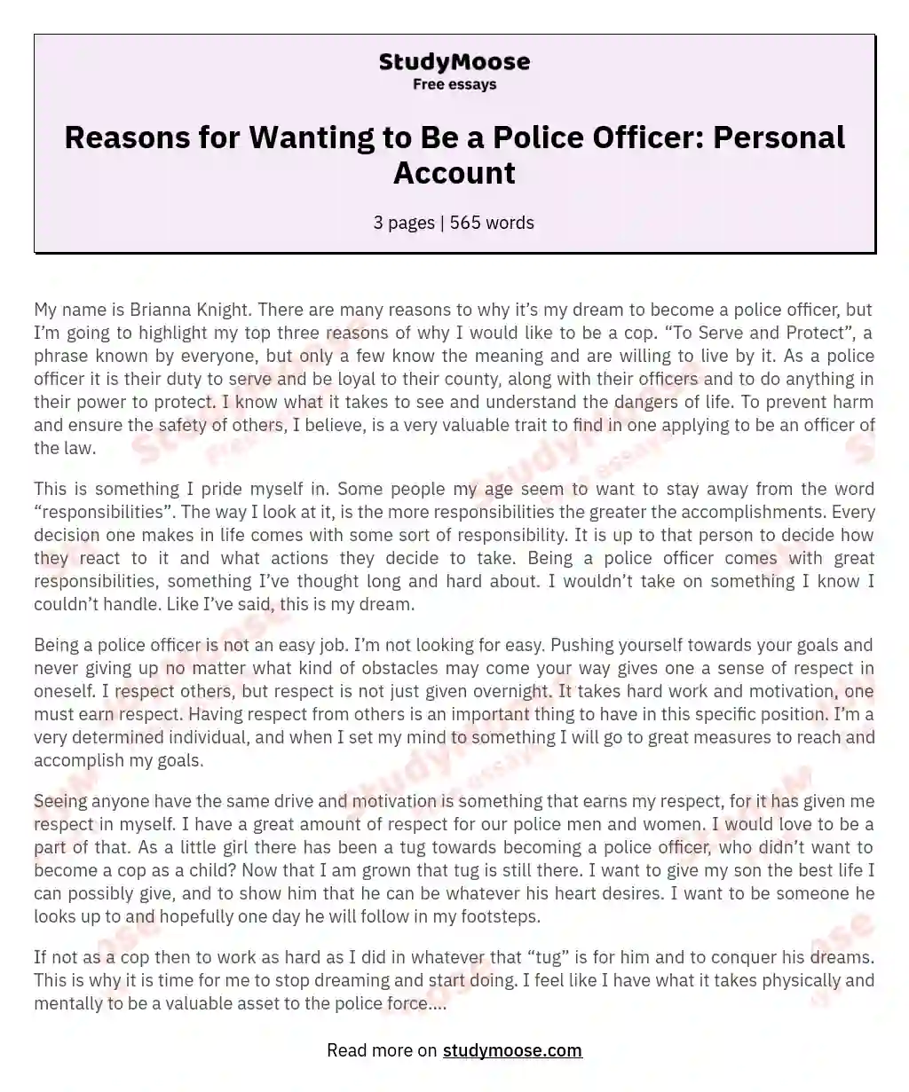 Reasons for Wanting to Be a Police Officer: Personal Account essay