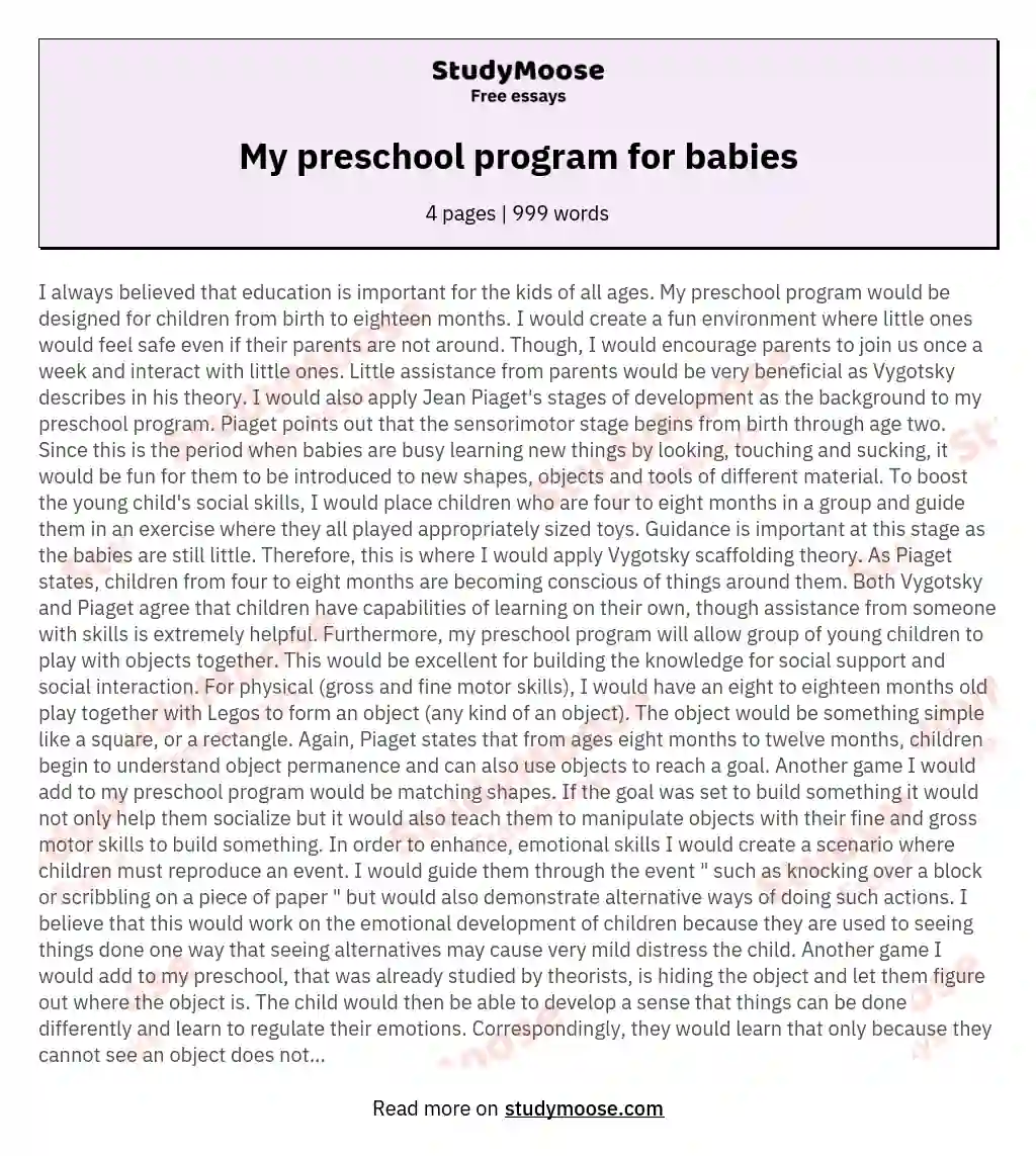 My preschool program for babies essay