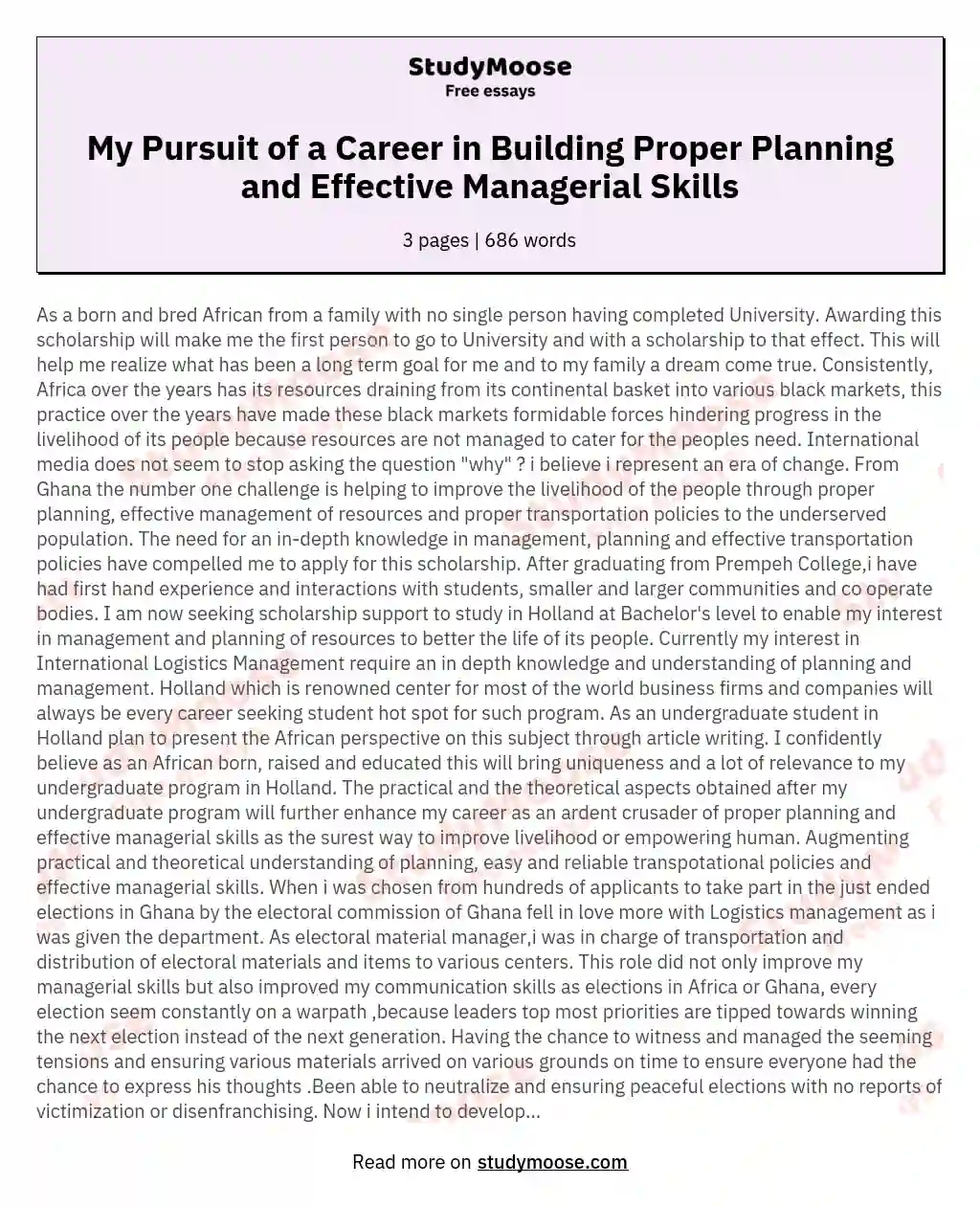 My Pursuit of a Career in Building Proper Planning and Effective Managerial Skills essay