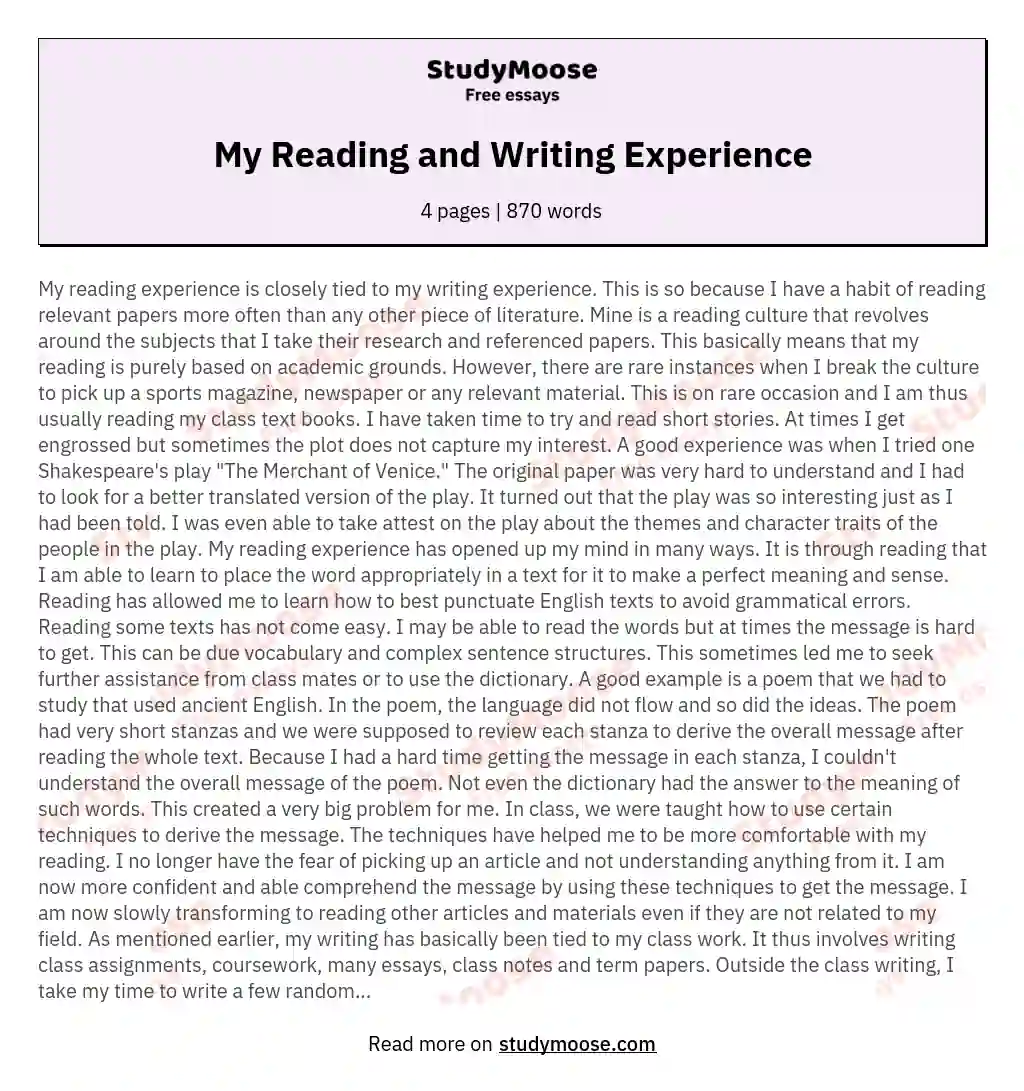 My Reading and Writing Experience essay