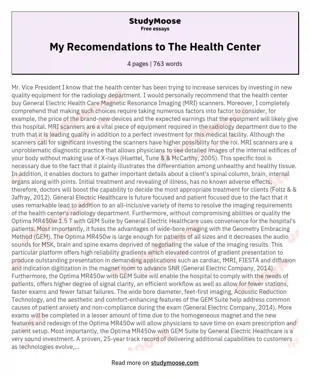 My Recomendations to The Health Center essay