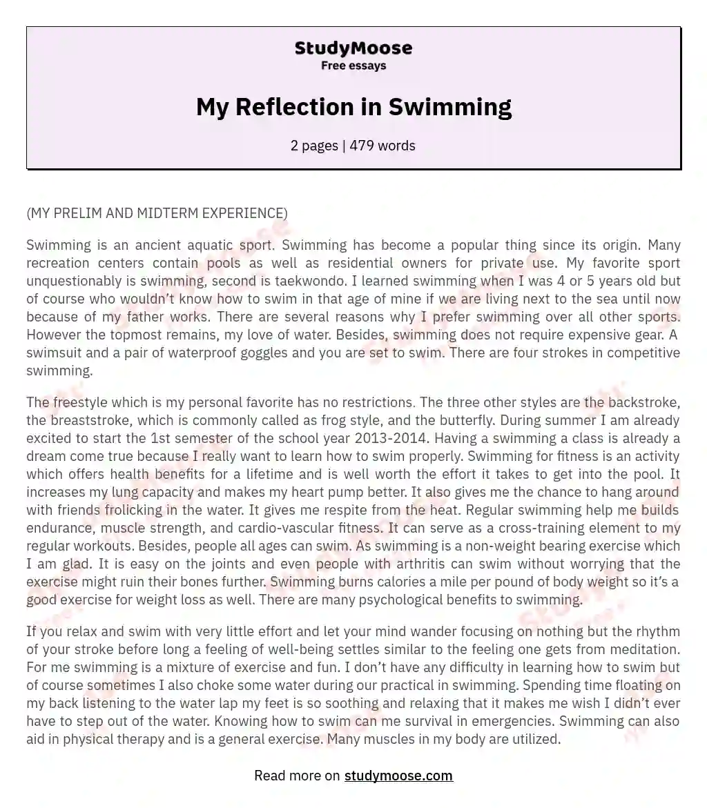 My Reflection in Swimming essay