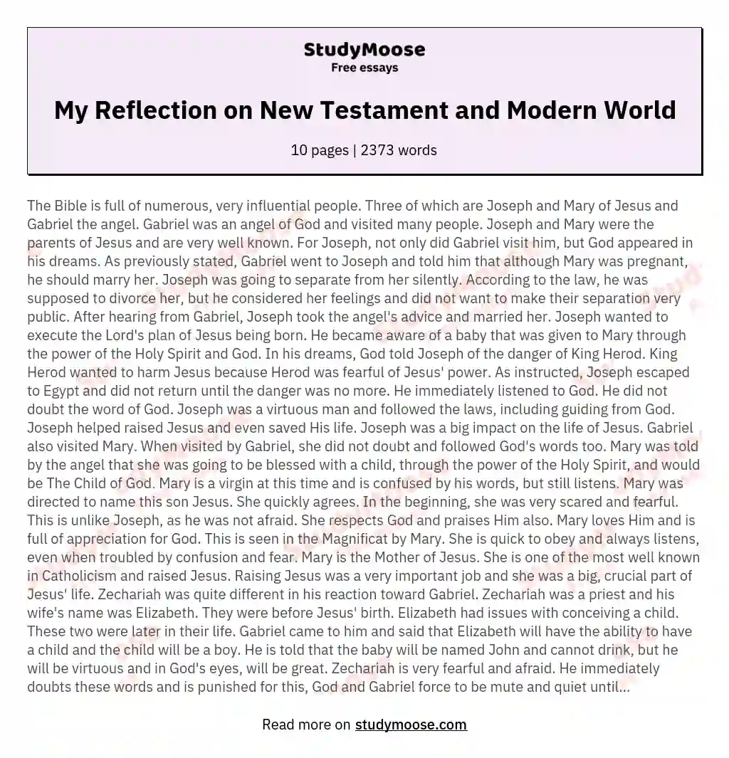 My Reflection on New Testament and Modern World essay