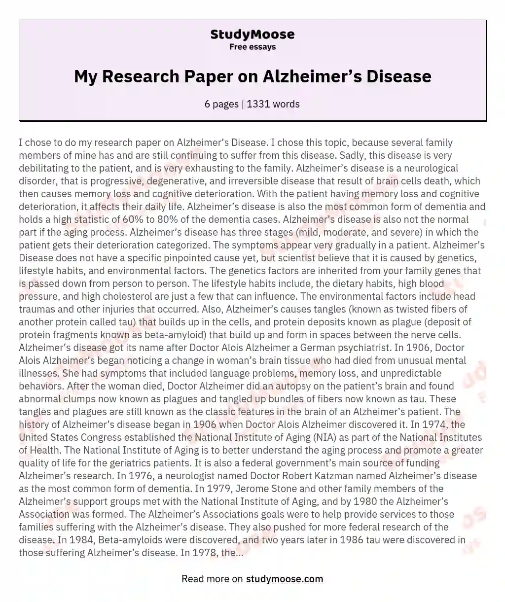 My Research Paper on Alzheimer’s Disease essay