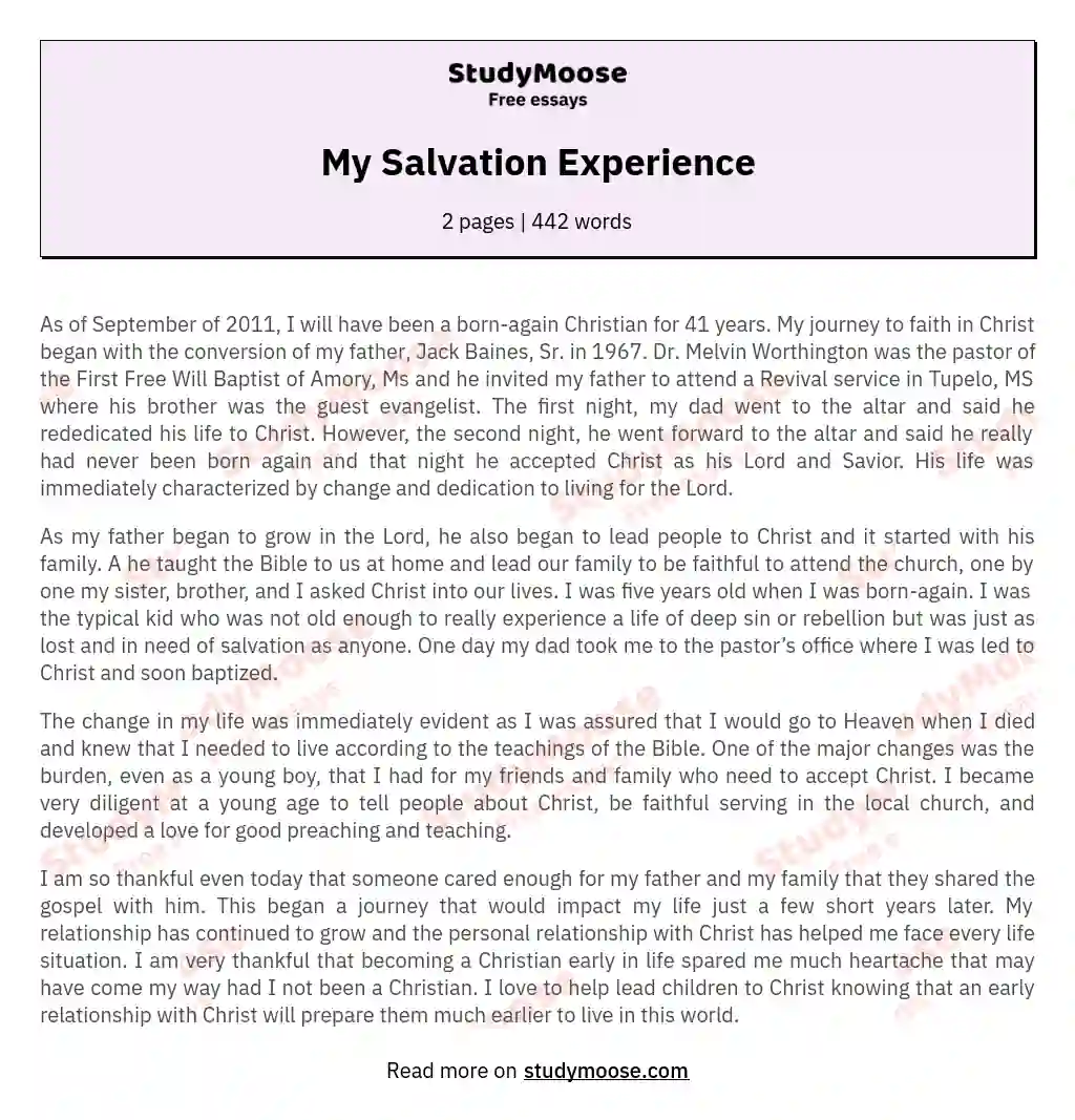 My Salvation Experience essay