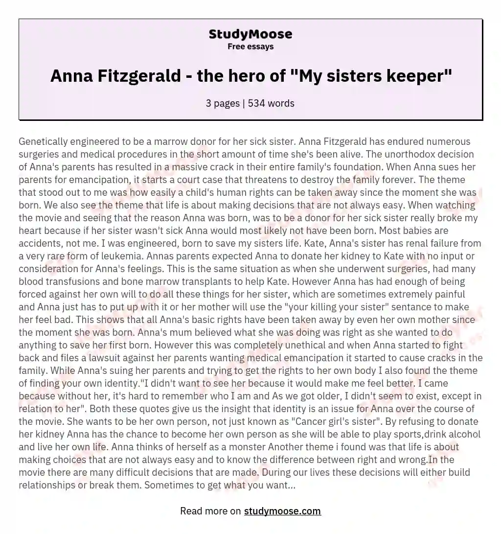 Anna Fitzgerald - the hero of "My sisters keeper" essay