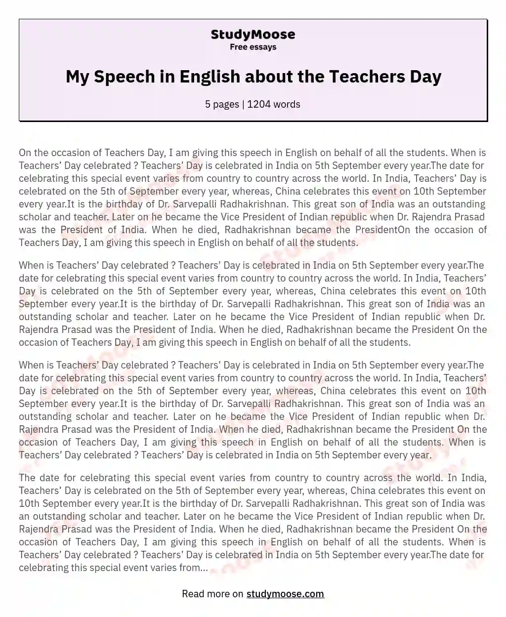 My Speech in English about the Teachers Day