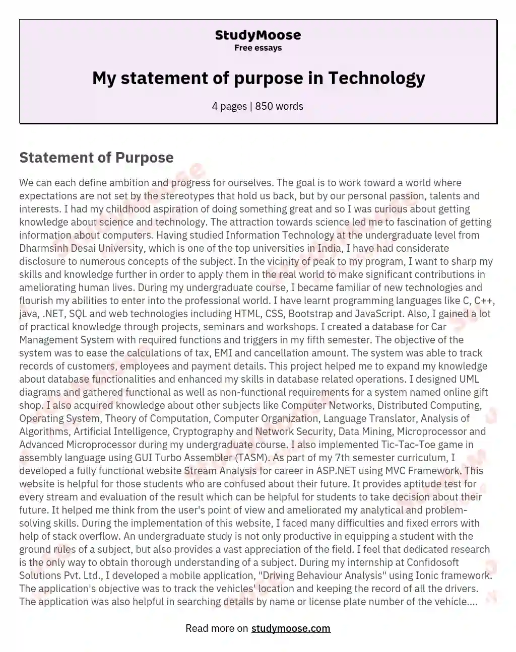 My statement of purpose in Technology essay